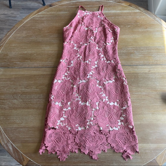 Akira Chicago Black Label High Neck Pink & Nude Lace Body-Con Dress Size Medium - Picture 6 of 14